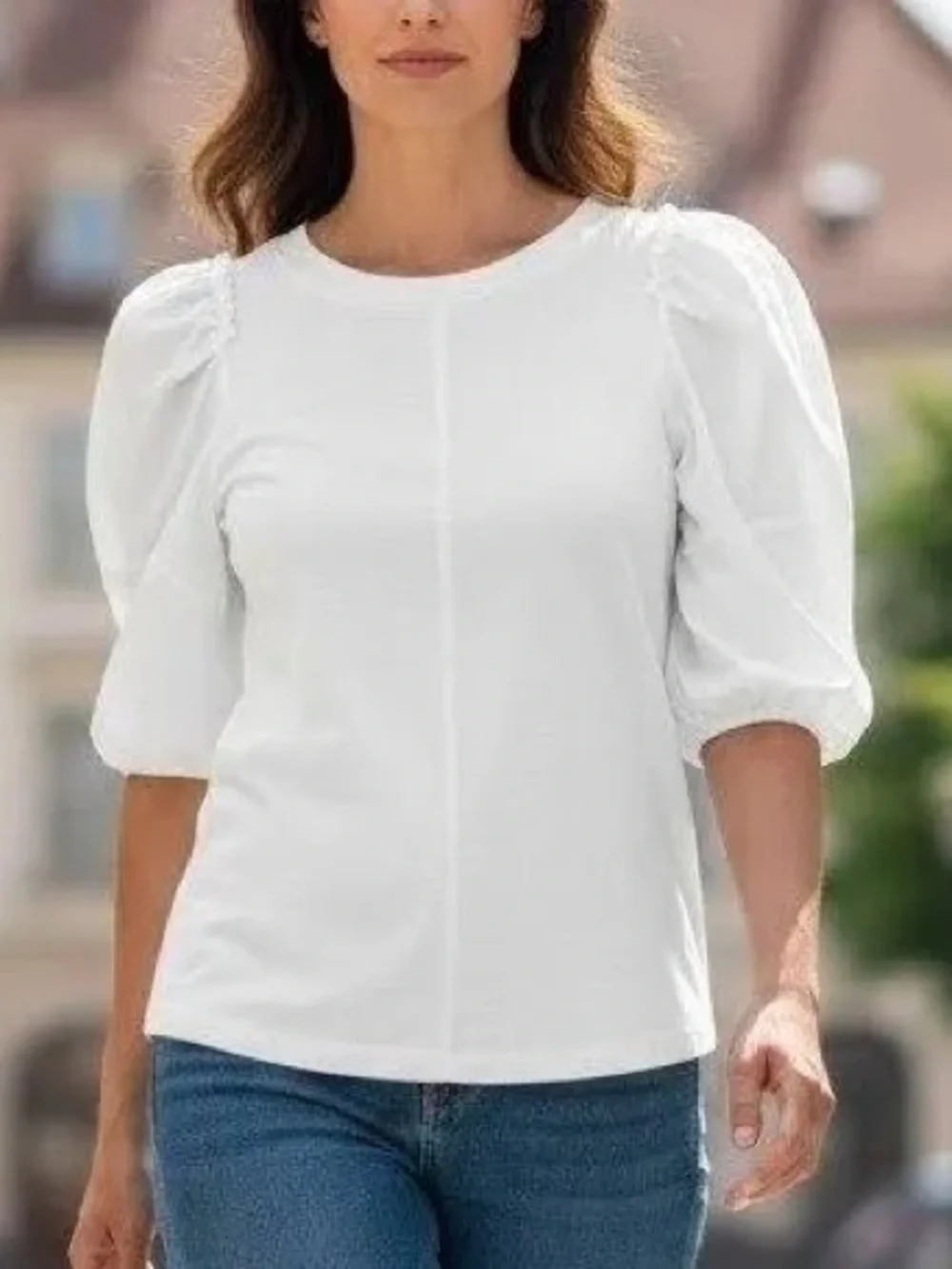 Madewell White Puff-Sleeve 100% cotton Crewneck Top